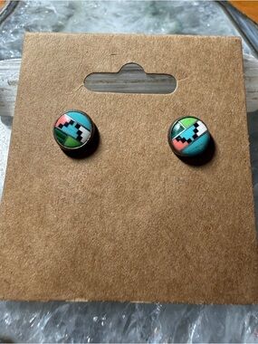 Colorblock Inlay Round Stud Earrings - Turquoise, Pink & Green